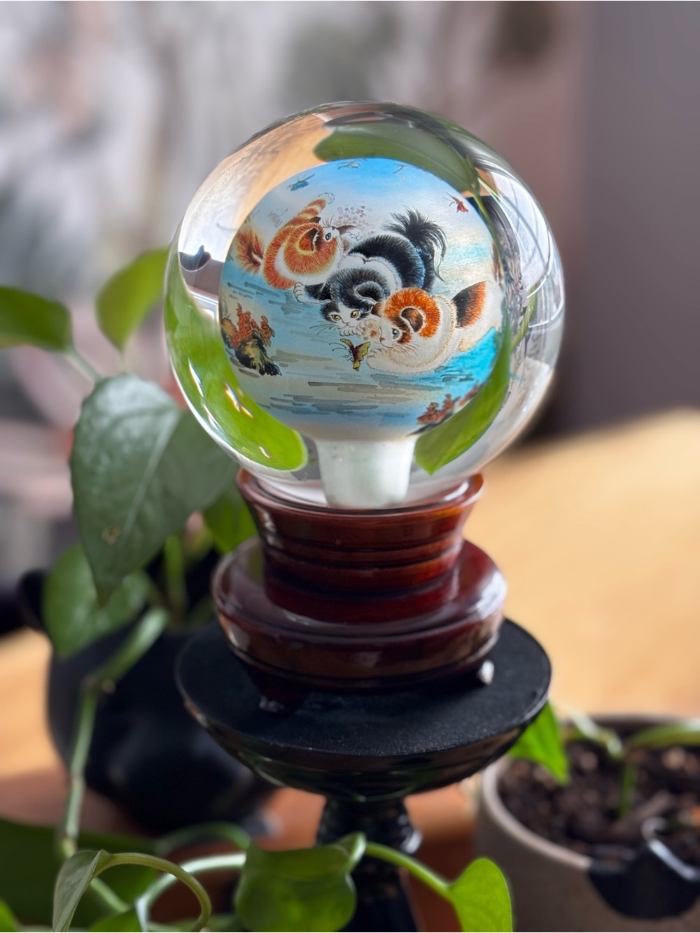 Reverse Hand Painted Heavy Glass Turning Sphere Orb Playful Cats